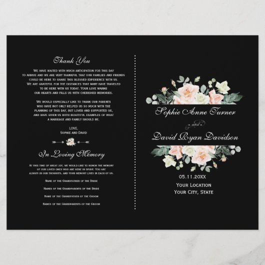 Charming Blush White Floral Black Wedding Programm (Vorderseite)