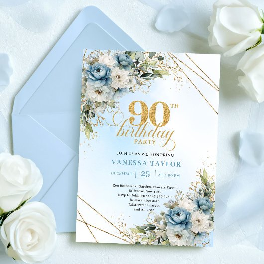 Charming Boho Blue Floral Eucalyptus 90th Birthday Einladung