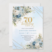 Charming boho blue florals gold frame 70th birthda einladung (Vorderseite)