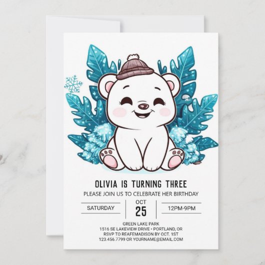 Charming Boho Polar Bear Digital Geburtstag Einladung (Vorderseite)