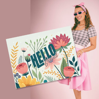 Charming Botanical Floral Typography Hello Friend Feiertagspostkarte