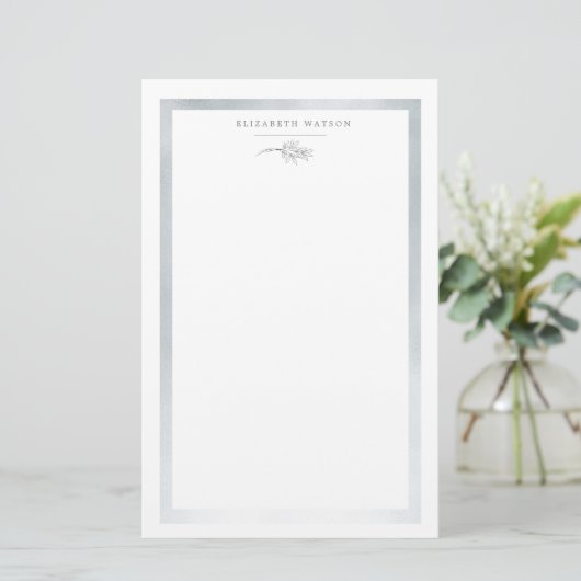 Charming Botanisches Silber Monogram Stationer Briefpapier (Stehend Vorderseite)
