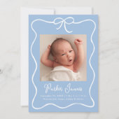 Charming Bow Blue Baby Boy Foto Birth Ankündigung (Vorderseite)