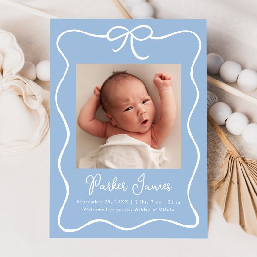 Charming Bow Blue Baby Boy Foto Birth Ankündigung