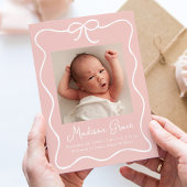 Charming Bow Blush Pink Baby Girl Foto Birth Ankündigung