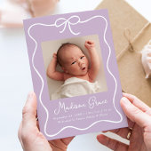 Charming Bow Lavender Baby Girl Foto Birth Ankündigung