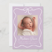 Charming Bow Lavender Baby Girl Foto Birth Ankündigung (Vorderseite)