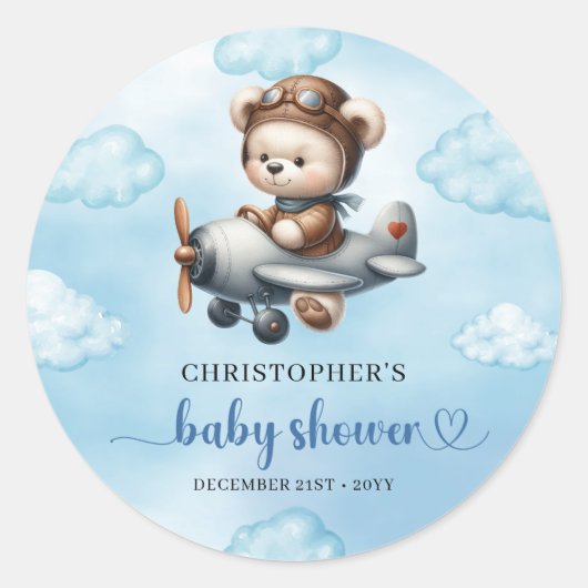 Charming Boy Baby Shower Sticker Teddy Bear Pilot (Vorderseite)