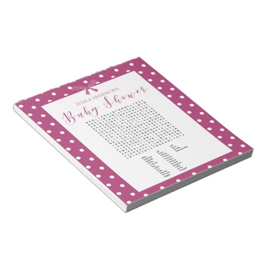 Charming Bright Pink Baby Dusche Word Finde Spiel Notizblock (angewinkelt)
