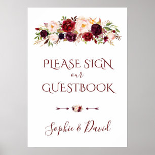 Charming Burgundy Marsala Floral Gästebuchuntersch Poster