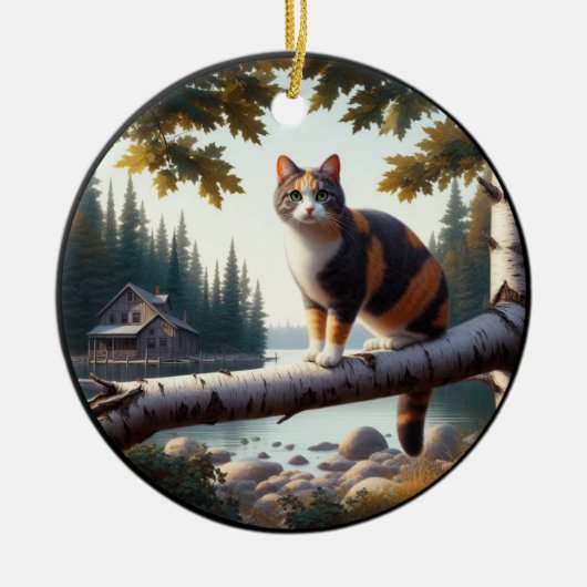 Charming Calico Cat Rustic Scene Keramik Ornament (Vorne)