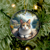 Charming Calico Cat Rustic Scene Keramik Ornament