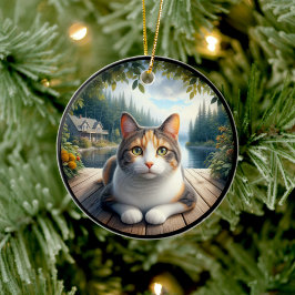 Charming Calico Cat Rustic Scene Keramik Ornament