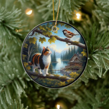 Charming Calico Cat Rustic Scene