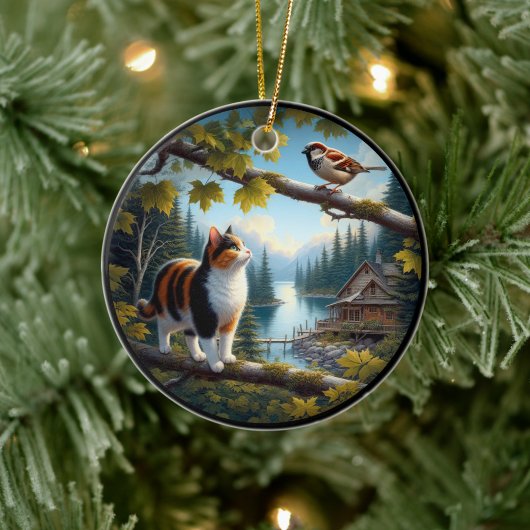 Charming Calico Cat Rustic Scene  Keramik Ornament