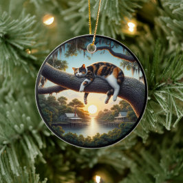 Charming Calico Cat Rustic Scene Keramik Ornament