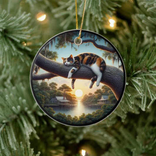 Charming Calico Cat Rustic Scene  Keramik Ornament