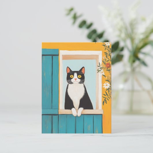 Charming Cat im Fenster Postkarte (Stehend Vorderseite)