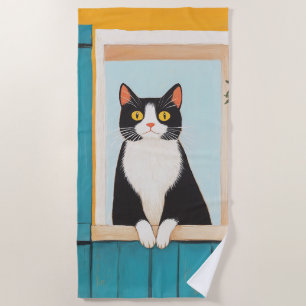 Charming Cat im Fenster Strandtuch