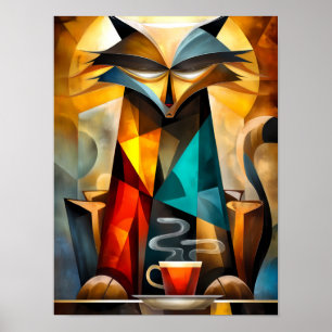 Charming Cat - Kubistischer Philosoph mit Kaffee Poster