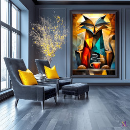 Charming Cat - Kubistischer Philosoph mit Kaffee Poster