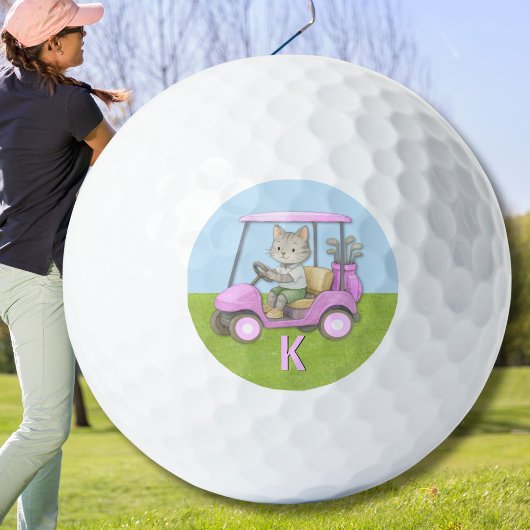 Charming Cat Pink Cart Purr-fectly on Par  Golfball