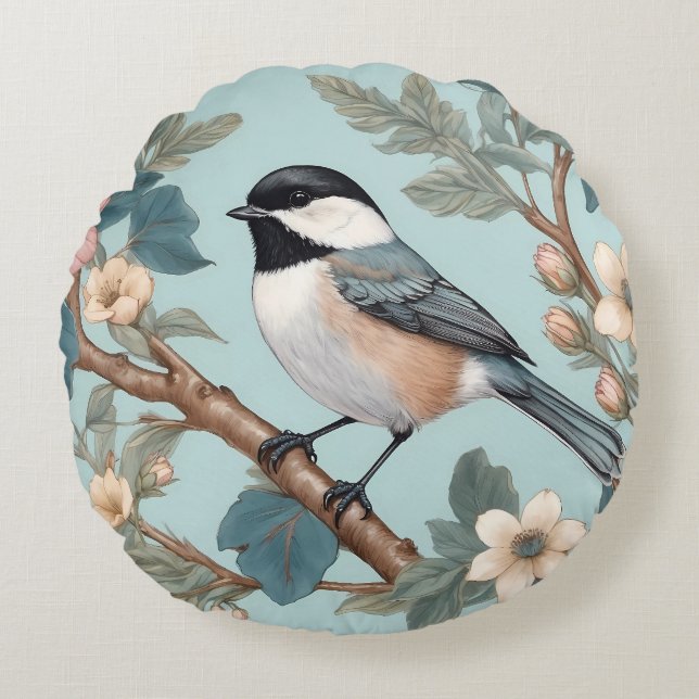 Charming Chickadee Bird Rundes Kissen (Vorderseite)