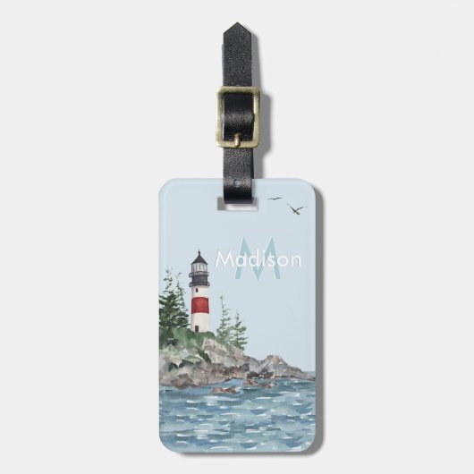 Charming Coastal Lighthouse Rocks Monogram Name Gepäckanhänger (Vorderseite vertikal)