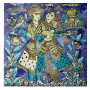 Charming Couple w/Bird, Lute Persian 1800s Repro Fliese