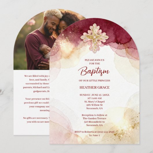 Charming Cross Burgundy & Gold Glitter Baptism Einladung (Vorne/Hinten)