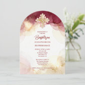 Charming Cross Burgundy & Gold Glitter Baptism Einladung (Stehend Vorderseite)