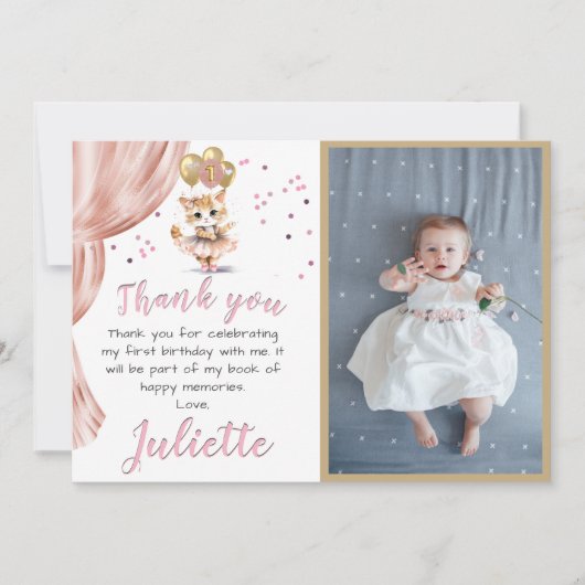 Charming Dancing Cat Foto Erstgeburtenmädchen Dankeskarte (Vorderseite)