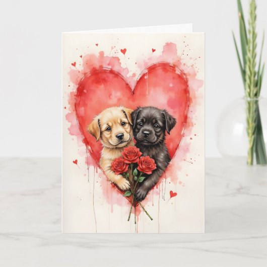 Charming Dogs Valentine Hearts and Red Roses Karte (Vorderseite)