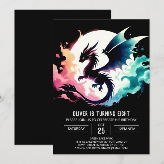 Charming Dragon Birthday Editable Einladung (Vorne/Hinten)