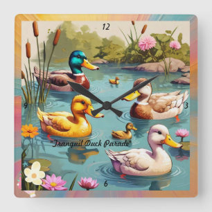 "Charming Ducks on Pond" Quadratische Wanduhr