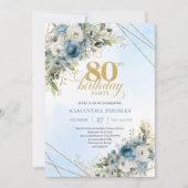 Charming Dusty Blue Floral Gold 80th Birthday Card Einladung (Vorderseite)
