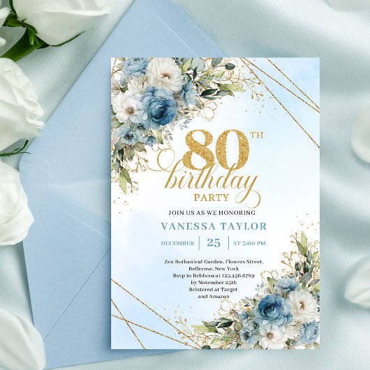 Charming Dusty Blue Floral Gold 80th Birthday Card Einladung