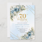 Charming dusty blue florals gold frame 70th bday einladung (Vorderseite)