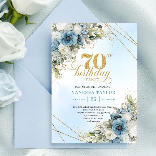 Charming dusty blue florals gold frame 70th bday einladung