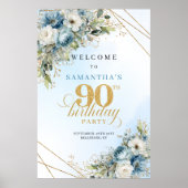 Charming dusty blue florals gold frame 90 birthday poster (Vorne)