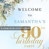 Charming dusty blue florals gold frame 90 birthday poster