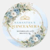 Charming Dusty Blue Gold Greenery Quinceañera Runder Aufkleber (Vorderseite)