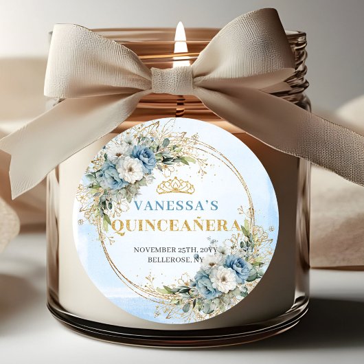 Charming Dusty Blue Gold Greenery Quinceañera Runder Aufkleber