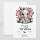 Charming Elephant 1. Geburtstag digital Einladung (Vorne/Hinten)