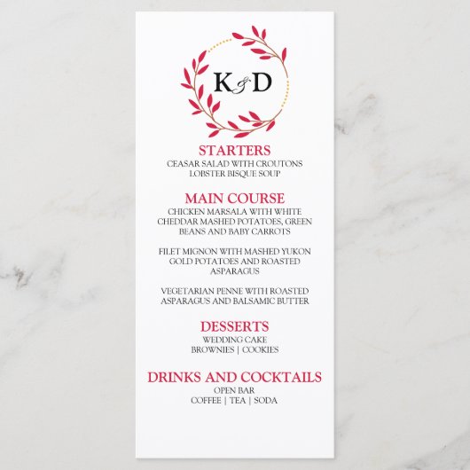 Charming Fall Leaf Monogram Wedding Menükarte (Vorderseite)