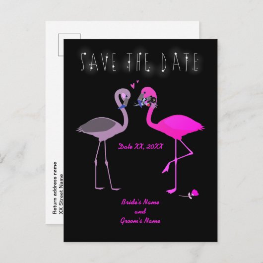 Charming Flamingo Couple Save the Date Wedding Ankündigungspostkarte (Vorne/Hinten)