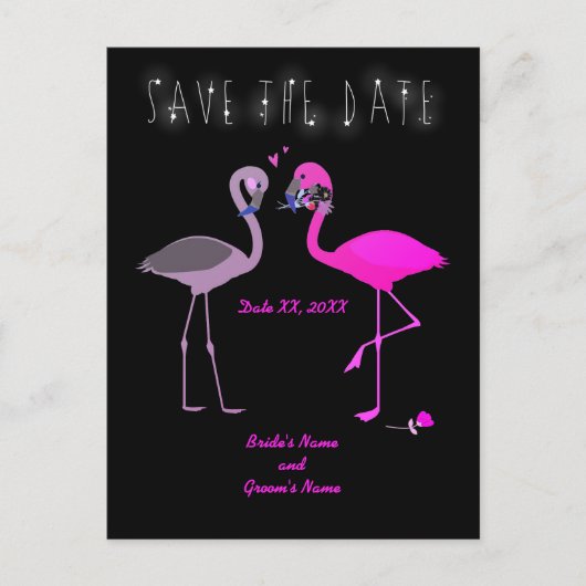 Charming Flamingo Couple Save the Date Wedding Ankündigungspostkarte (Vorderseite)