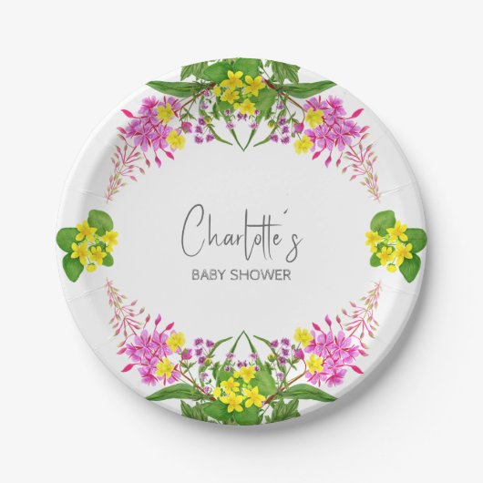Charming Floral Yellow Pink Wildblume Script Pappteller (Vorderseite)