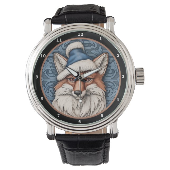 Charming Fox Blue Christmas Hat Image Armbanduhr (Vorderseite)