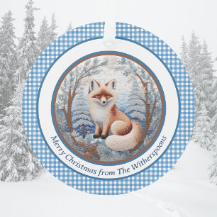 Charming Fox in Blue Forest Gingham Weihnachten Ornament